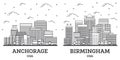 Outline Birmingham Alabama and Anchorage Alaska USA City Skyline Set