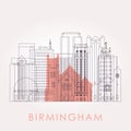 Outline Birmingham, Alabama skyline with landmarks.