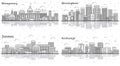 Outline Birmingham and Montgomery Alabama, Juneau and Anchorage Alaska City Skylines Set with Modern Buildings