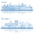 Outline Birmingham UK and Brussels Belgium City Skyline set with Blue Buildings and Reflections Royalty Free Stock Photo