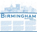 Outline Birmingham UK City Skyline with Blue Buildings and Copy Space