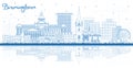 Outline Birmingham UK City Skyline with Blue Buildings and Reflections. Vector Illustration. Birmingham Cityscape with Landmarks