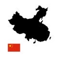 Outline black map of China, red flag. Object isolated design element stock vector illustration Royalty Free Stock Photo