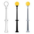 Outline, black silhouette, cartoon streen lights set isolated on white background. Vintage street lights. Elements for landscape Royalty Free Stock Photo