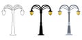 Outline, black silhouette, cartoon streen lights set isolated on white background. Vintage street lights. Elements for landscape Royalty Free Stock Photo