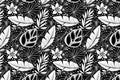 Outline black and white background pattern with white tropical flowers and leaves on dark background. Page of coloring