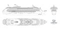 Outline blueprint of cruise ship. Side, top and front views. Contour isolated liner. Detailed drawing of marine vessel Royalty Free Stock Photo