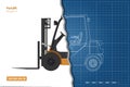 Outline blueprint of forklift. Top, side and front view. Hydraulic machinery 3d image. Industrial document with loader