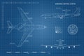 Outline blueprint of military aircraft. Top, front and side view. Army airplane with airborne warning and control system Royalty Free Stock Photo