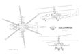 Outline blueprint of military helicopter. Top, side and front views of armed air vehicle. Industrial isolated image