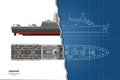 Outline blueprint of military ship. Top, front and side view. Battleship 3d model. Industrial isolated drawing of boat. Royalty Free Stock Photo