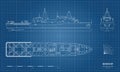 Outline blueprint of military ship. Top, front and side view. Battleship model. Industrial isolated drawing of boat