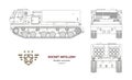 Outline blueprint of missile vehicle. Rocket artillery. Side, front and back view. Drawing of military tractor