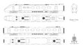 Outline blueprint of modern train. Side, top and front views. Isolated locomotive. Railway vehicle. Railroad transport