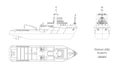 Outline blueprint of rescue ship on white background. Top, side and front view. Industry drawing. Isolated image of boat