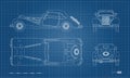 Outline blueprint of retro car. Vintage cabriolet. Front, side, top and back view. Industrial isolated drawing