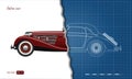 Outline blueprint of retro car. Vintage cabriolet in realistic style. Side view. Industrial blueprint. 3d automobile