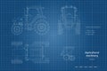 Outline blueprint of tractor. Side, front and top view of agriculture machinery. Farming vehicle. Industry drawing