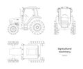 Outline blueprint of tractor. Side, front, top view of agriculture machinery. Farming vehicle. Industry isolated drawing