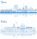 Outline Bonn Germany and Padua Italy City Skylines Set with Blue Buildings and Reflections