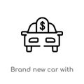 outline brand new car with dollar price tag vector icon. isolated black simple line element illustration from mechanicons concept