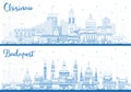 Outline Budapest Hungary and Chisinau Moldova City Skylines Set with Blue Buildings