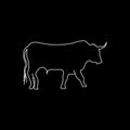 Outline bull white line art on a black bsckground, symbol of 2021 year, vector hand draw illustration