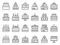 Outline cake icons. Sweet cupcake, homemade dessert with candles and bakery delicious cakes line art vector icon set Royalty Free Stock Photo