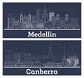 Outline Canberra Australia and Medellin Colombia City Skyline Set