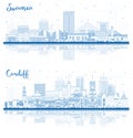 Outline Cardiff and Swansea Wales City Skyline set with Blue Buildings and reflections. Cityscape with Landmarks