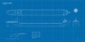 Outline cargo ship blueprint. Front, side and top industrial views of boat. Sea transport contour drawing. Industry