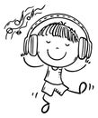 Outline cartoon girl listen to music and dancing, kid using headset, doodle child and electronic device, digital technology