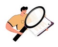 Outline cartoon man with a loupe and report making research, he looking for something in the document. Marketing, audit.