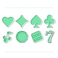 Outline casino icons, green color, gambling poker club set. Vector illustration, casino elements, symbols, cards, gamble Royalty Free Stock Photo