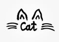 Outline of the cat`s ears and whiskers drawn by hand with rough brush. Handwritten text Cat.