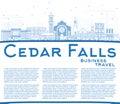 Outline Cedar Falls Iowa Skyline with Blue Buildings and Copy Sp