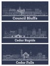 Outline Cedar Rapids, Cedar Falls and Council Bluffs Iowa Skyline Set