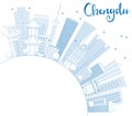 Outline Chengdu Skyline with Blue Buildings and Copy Space.