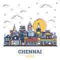 Outline Chennai India City Skyline with Colored Historic Buildings Isolated on White