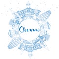 Outline Chennai Skyline with Blue Landmarks and Copy Space.