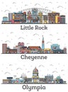 Outline Cheyenne Wyoming, Olympia Washington and Little Rock Arkansas City Skylines Set