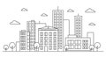 Outline city street landscape skyline concept with buildings, scyscrapers, trees and clouds. Vector illustration. Editable stroke. Royalty Free Stock Photo