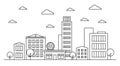 Outline cityscape landscape skyline design concept with buildings, scyscrapers, trees, clouds,donut shop cafe. Royalty Free Stock Photo