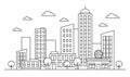 Outline cityscape skyline landscape design concept with buildings, scyscrapers, donut shop cafe trees, clouds.