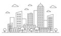 Outline cityscape skyline landscape design concept with buildings, scyscrapers, donut shop cafe trees, clouds. Vector