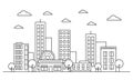Outline cityscape skyline landscape design facade concept with buildings, scyscrapers, donut shop cafe trees, clouds. Vector Royalty Free Stock Photo