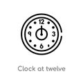 outline clock at twelve o\'clock vector icon. isolated black simple line element illustration from airport terminal concept.