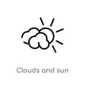 outline clouds and sun vector icon. isolated black simple line element illustration from weather concept. editable vector stroke Royalty Free Stock Photo