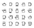 Outline collection of icons of kitchen kettles.