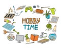 Outline colorful doodle hobbies set. Stay home concept. Top table and video games, painting, reading, sport, knitting, gardening Royalty Free Stock Photo